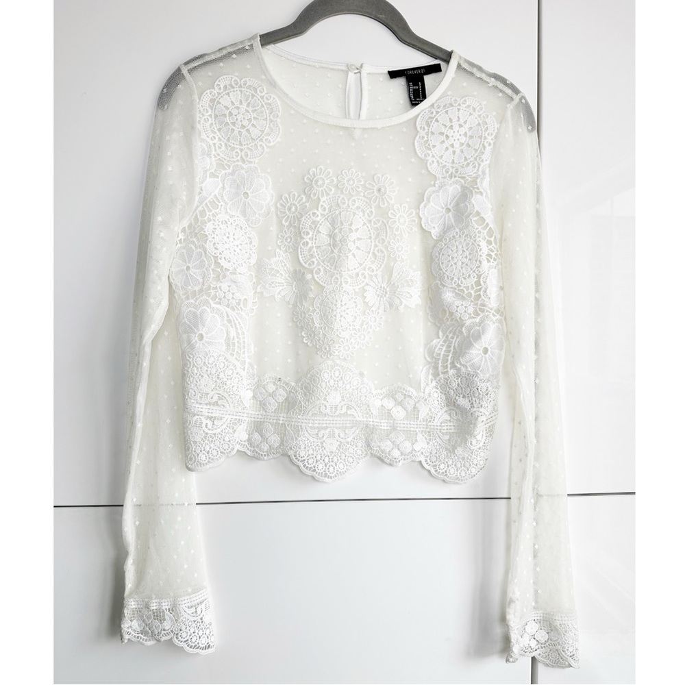 Forever 21 Lace Sheer Boho Cropped Top Long Sleeve Size Small Swiss Dot